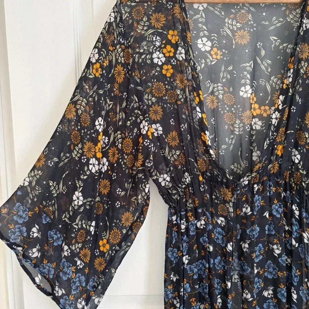 Floreat Black Floral Longline Kimono One Size Boho Anthropologie